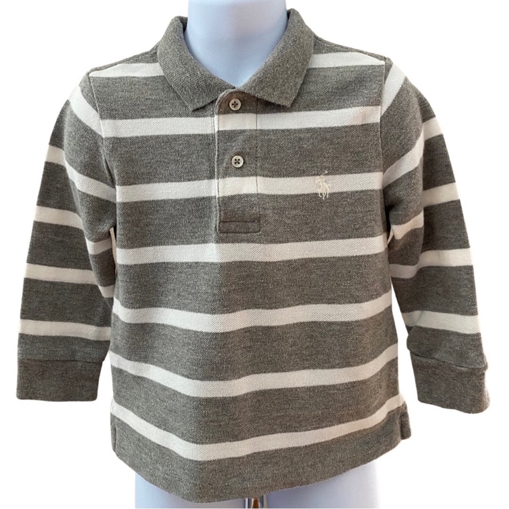Polo Ralph Lauren Boys Striped Mesh Long-Sleeve Polo Shirt - GREY - Size 2T